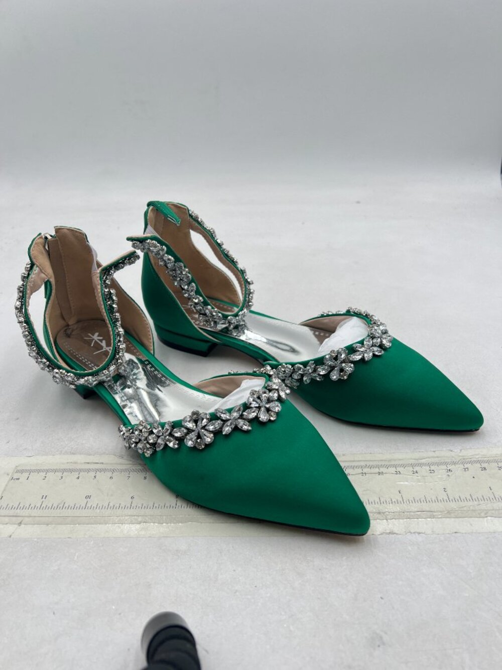 XYD Dark Green Pointed Toe Wedding Sandals Sparkly Rhinestones Ankle Strap Shoes - Picture 4 of 9
